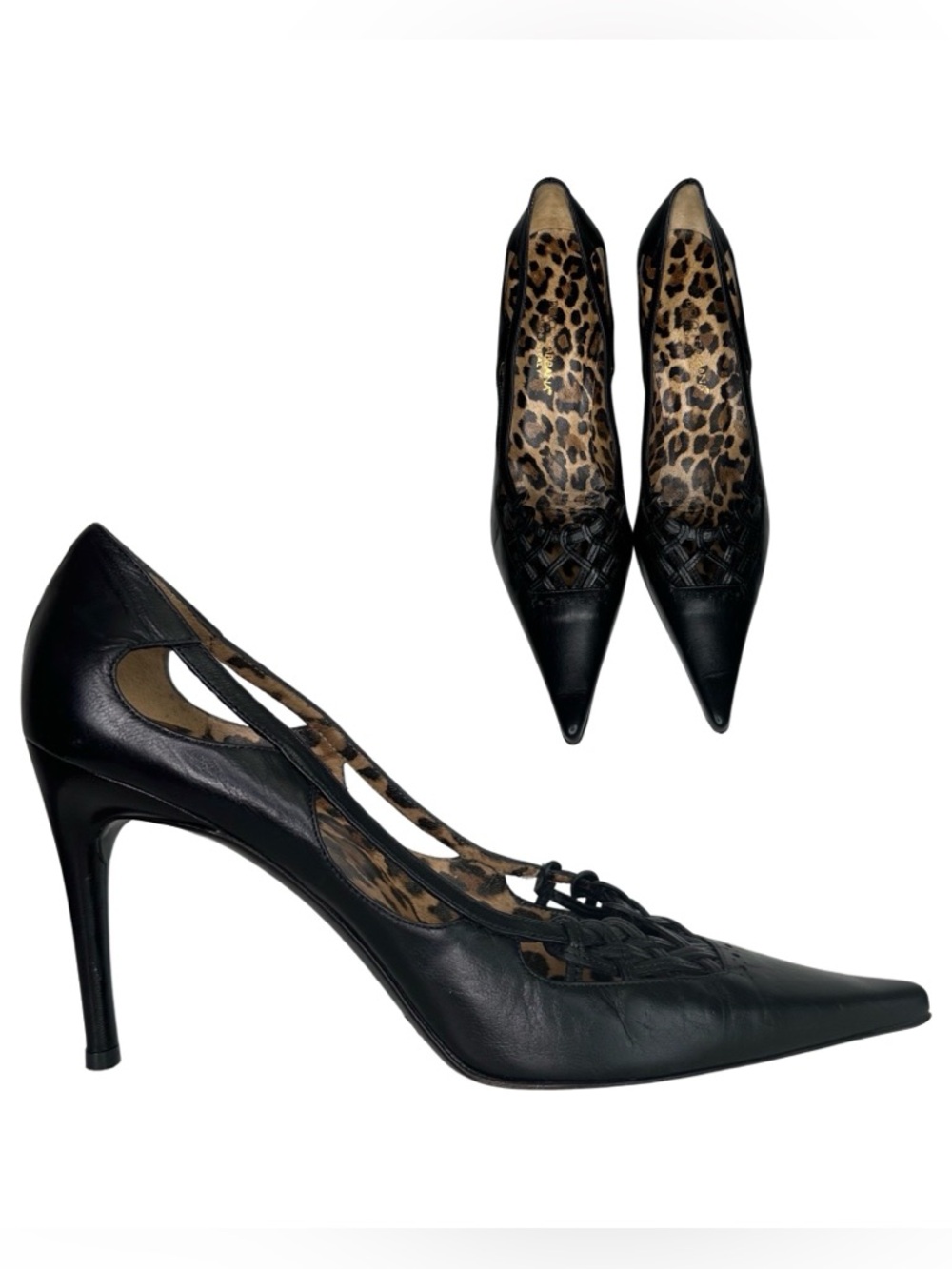 DOLCE & GABBANA pointed toe Heels Pumps Black Leather cutouts weave 37.5